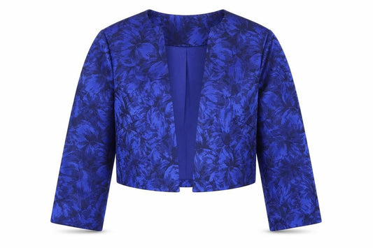 Front view of Shubette women’s blue floral jacket blazer, size UK 8