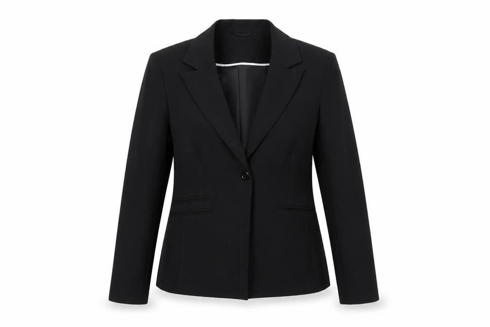 Front view of Preworn women’s black jacket suit jacket, size UK 14