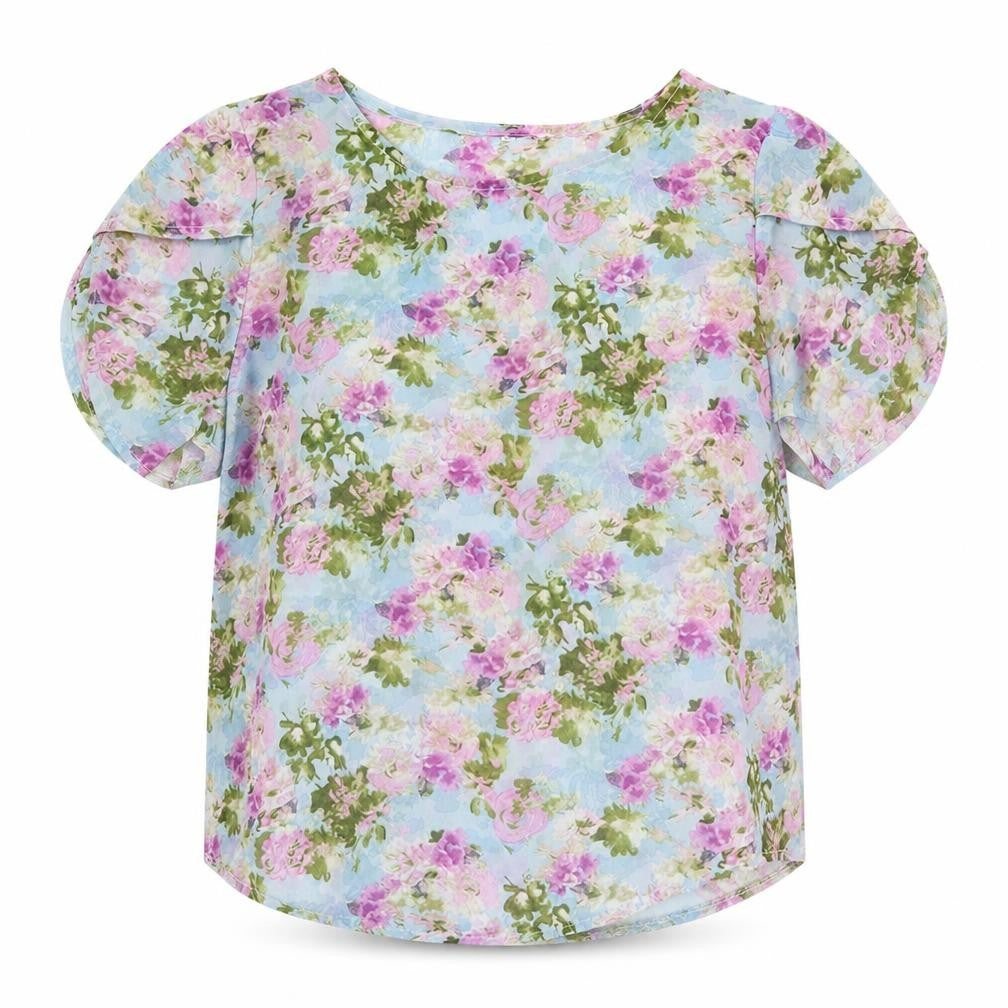 Front view of SHEIN women’s blue floral basic t-shirt, size S, - purple flowers