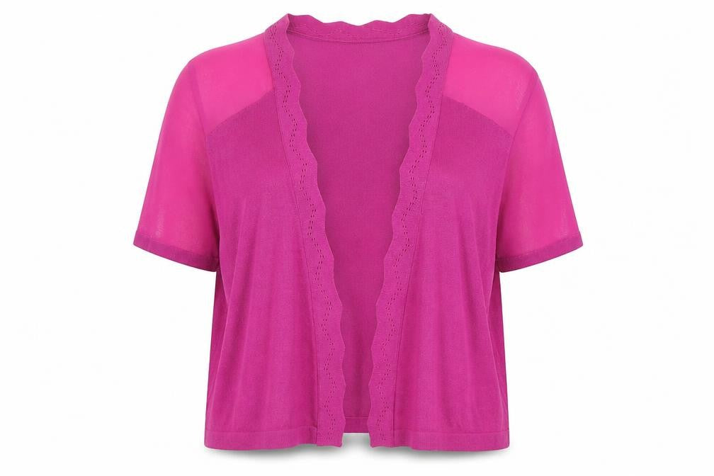 Front view of Per Una women’s pink knit cardigan jumper, size UK 14