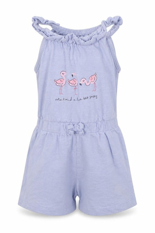Front view of George girls’ blue jersey jumpsuit outfit/set, size 12-18, months - flamingo