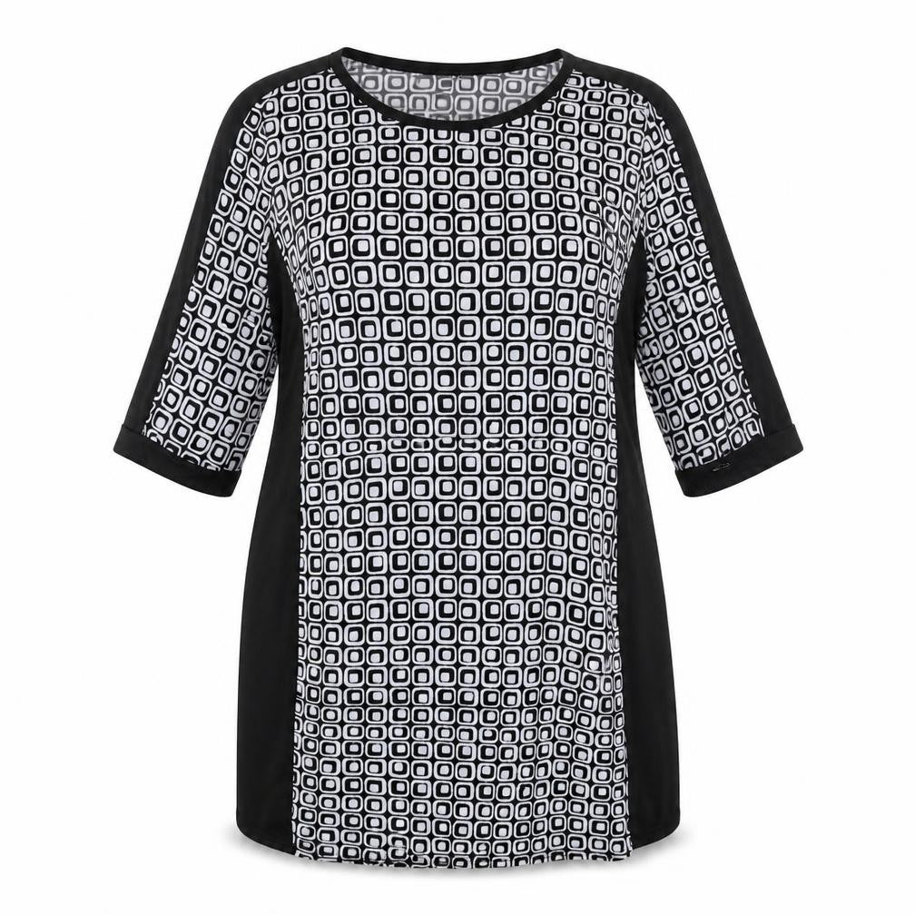 Front view of Mlle Gabrielle women’s black geometric jersey a-line, size XL