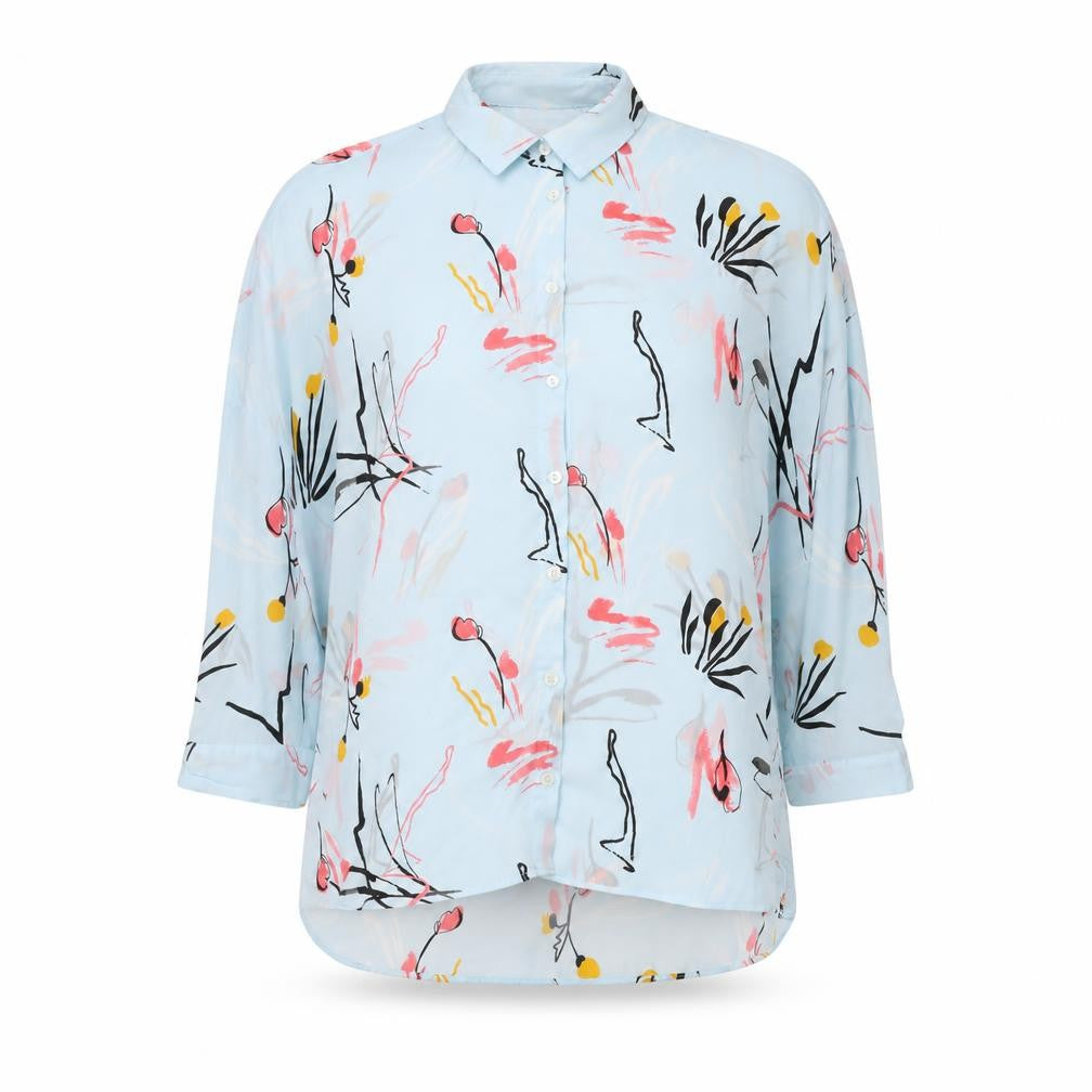 Front view of Limited Edition women’s blue geometric basic blouse, size UK 8