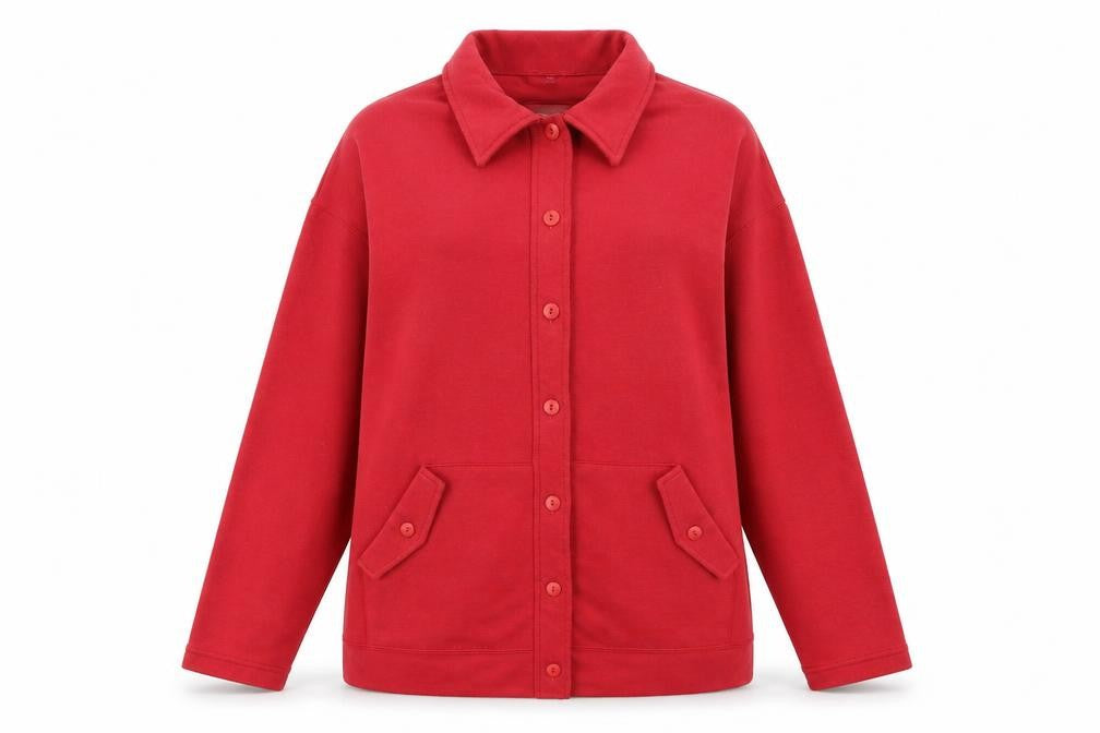 Front view of Essentials women’s red cardigan jumper, size M