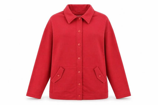 Front view of Essentials women’s red cardigan jumper, size M