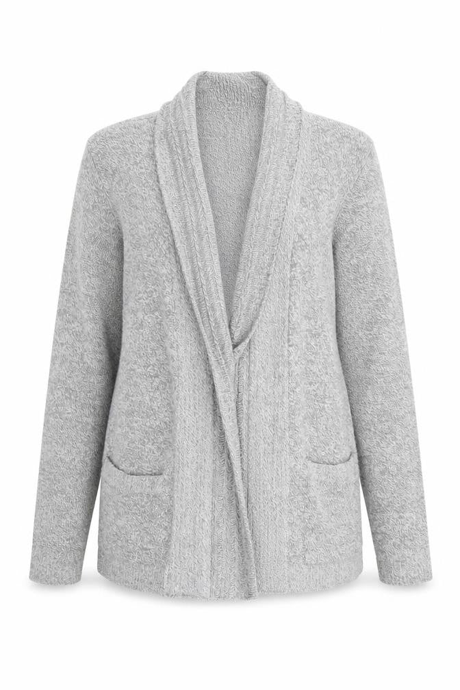 Front view of musky women’s grey cardigan jumper, size S, -, size S/m
