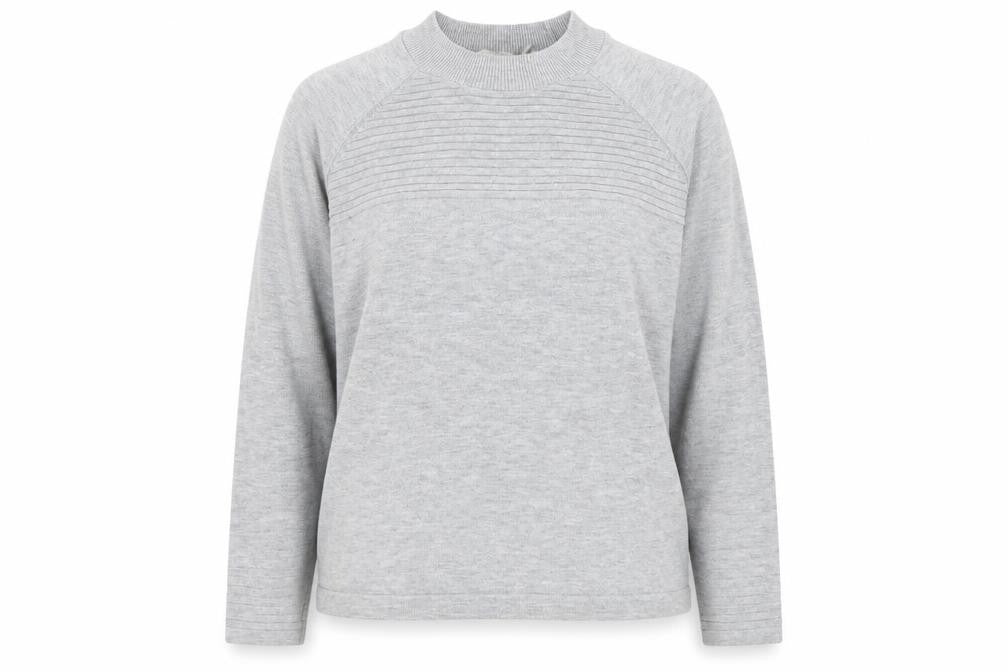 Front view of ASOS women’s grey striped pullover sweatshirt, size UK 10