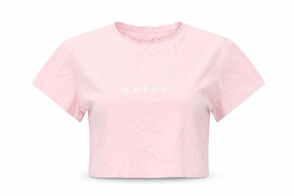 Front view of Preworn women’s pink cropped t-shirt, size M, - bride