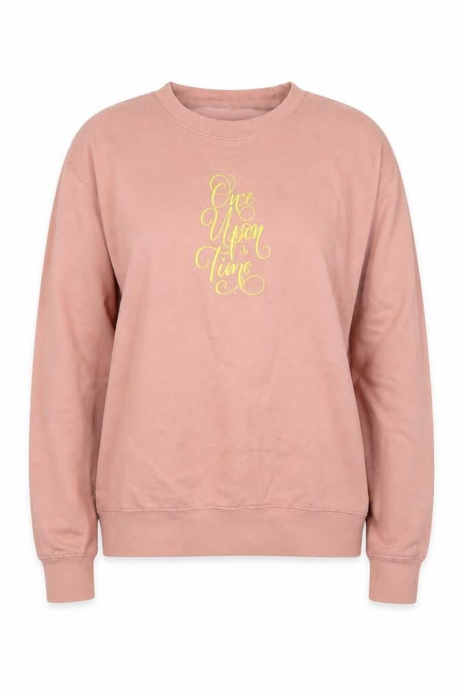 Front view of women’s pink pullover sweatshirt, size S, - once upon a time
