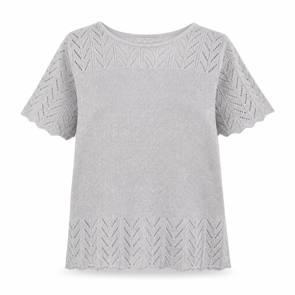 Front view of EWM women’s silver basic t-shirt, size M