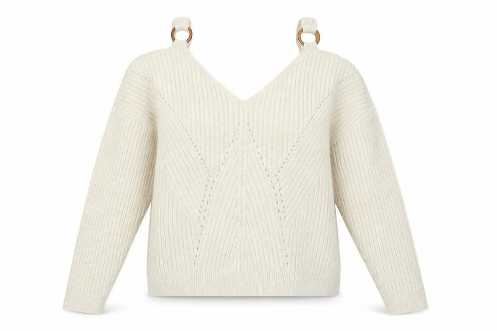 Front view of Miss Selfridge women’s beige jumper, size UK 10