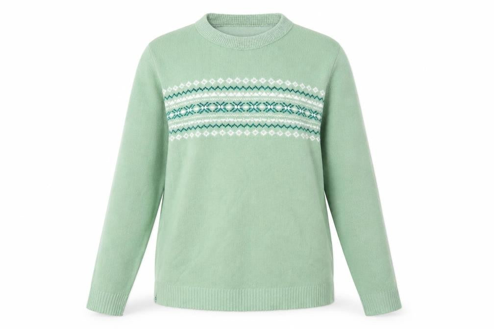 Front view of Monique women’s green argyle/diamond jumper, size M