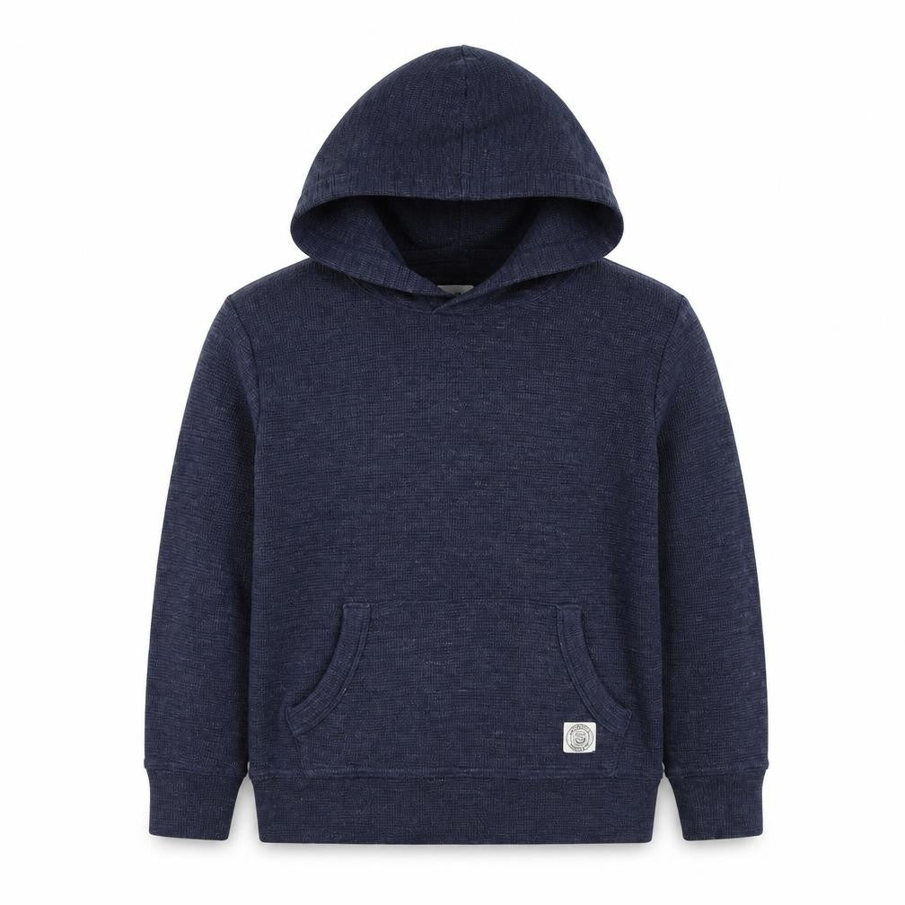 Front view of Gap boys’ blue pullover hoodie, size S