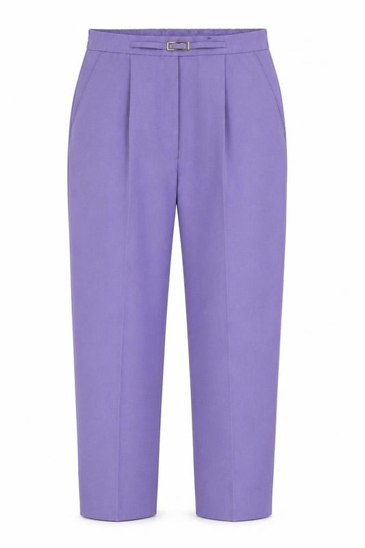 Front view of SEPARATE ISSUE women’s purple trousers, size UK 14, 23-inch leg