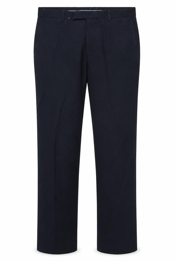 Front view of Ventuno 21 men’s blue trousers, size 34, in, 31-inch leg
