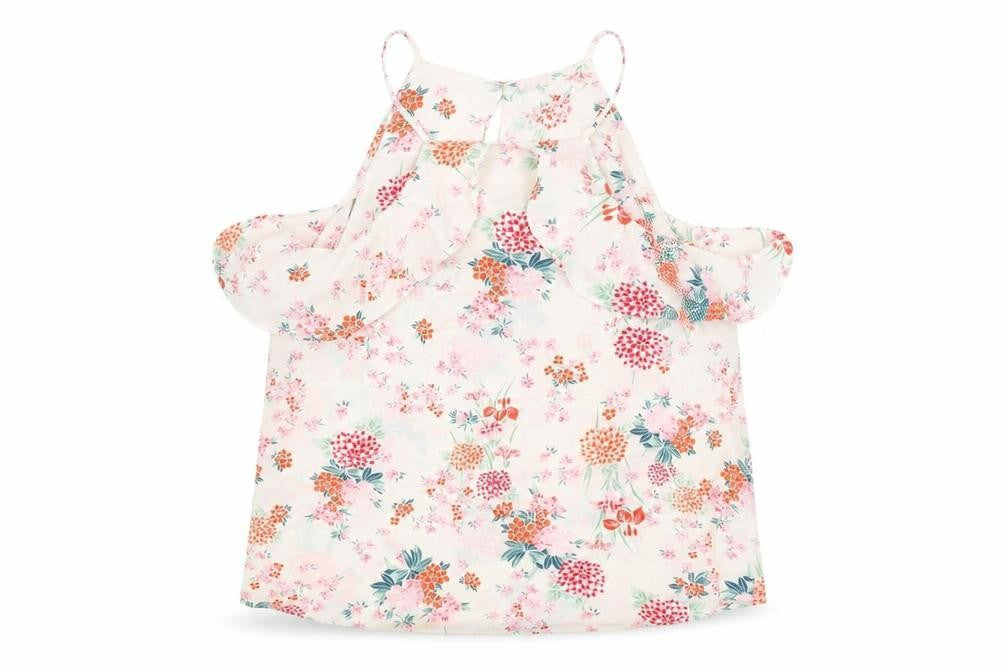 Front view of New Look women’s ivory floral basic blouse, size UK 10, - cold shoulder