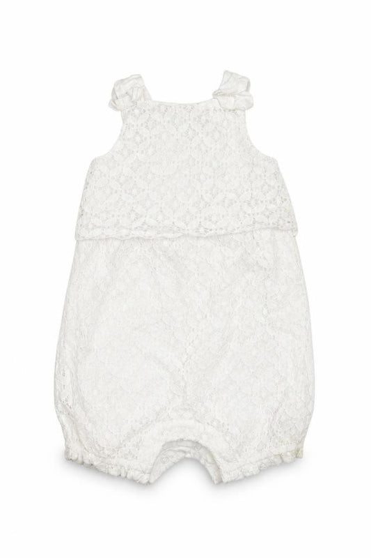 Front view of Mini Club girls’ white floral romper one-piece, size 6-9, months - crochet detail