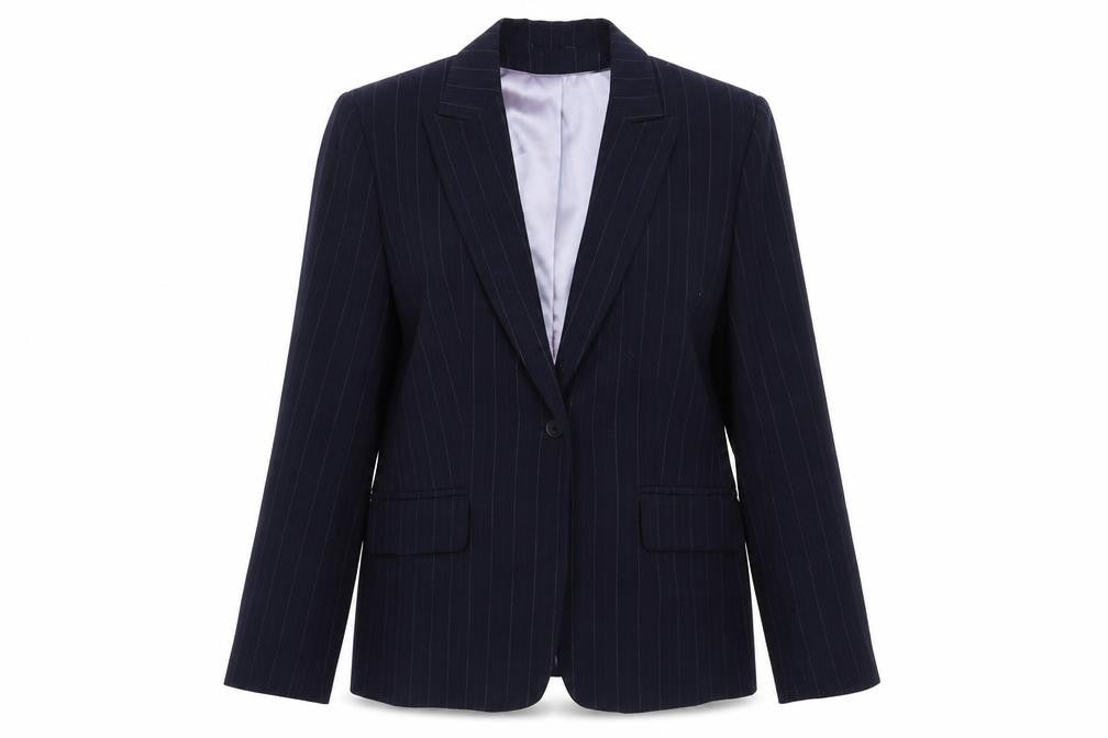 Front view of Autonomy women’s blue striped jacket suit jacket, size UK 12