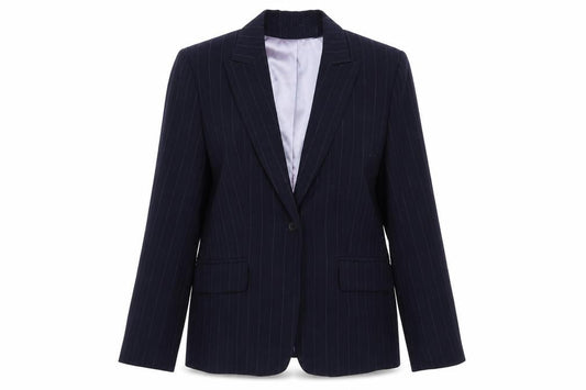 Front view of Autonomy women’s blue striped jacket suit jacket, size UK 12