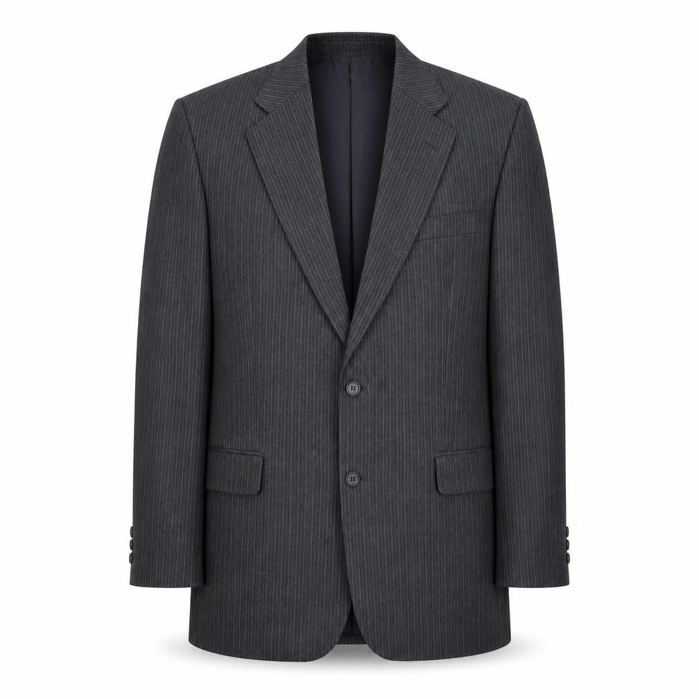 Front view of Greenwods men’s grey striped jacket suit jacket, size 42