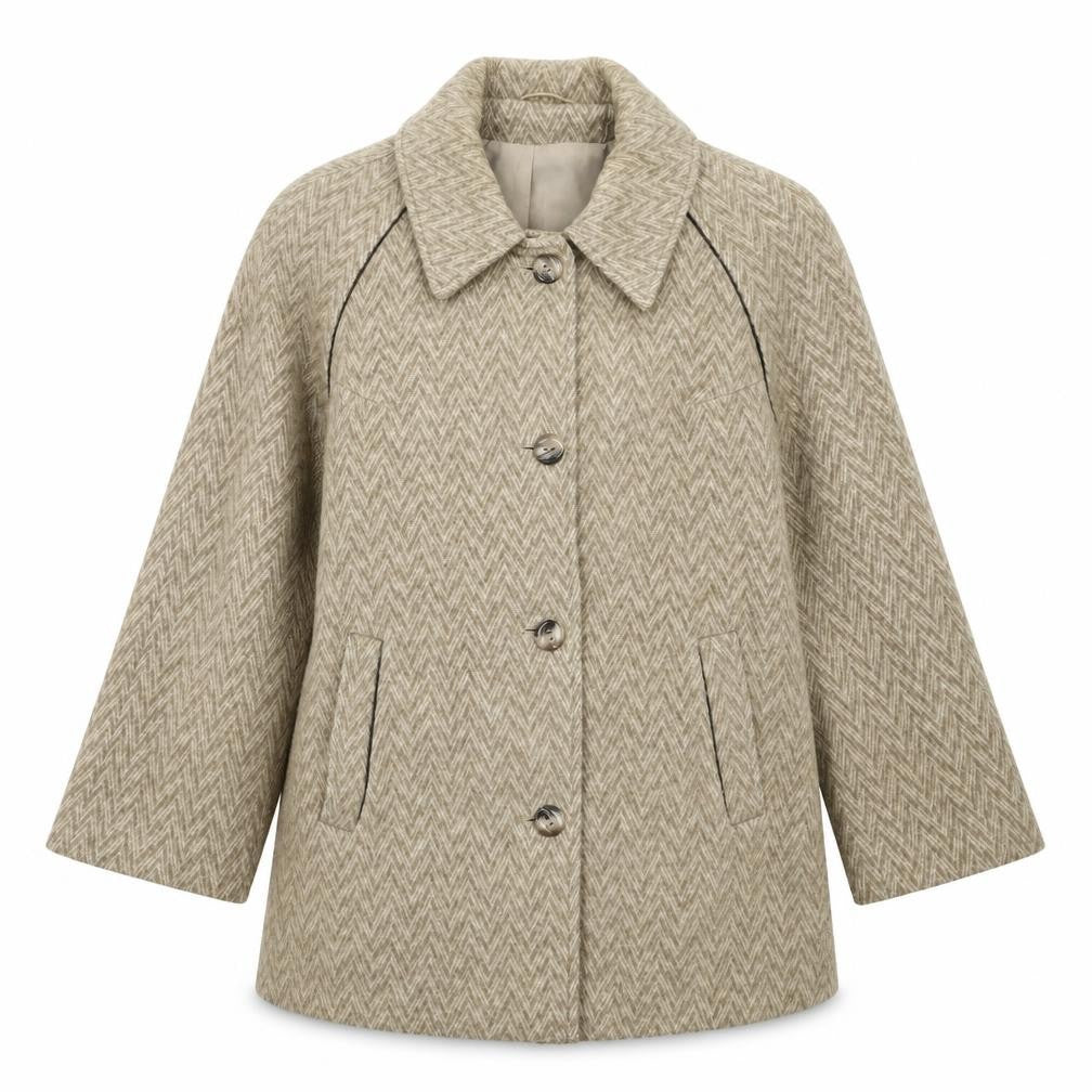 Front view of La Petite women’s beige herringbone jacket coat, size L