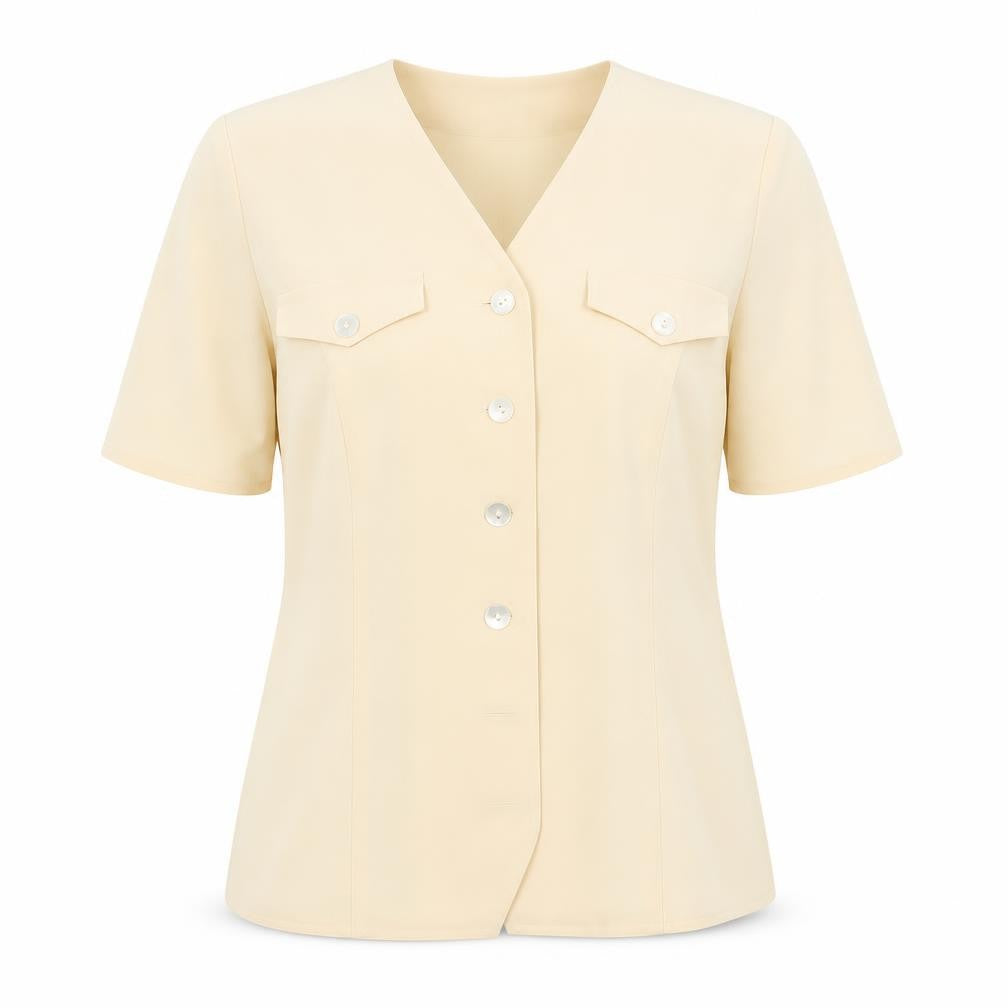 Front view of Precis women’s yellow basic blouse, size UK 10, - padded shoulders