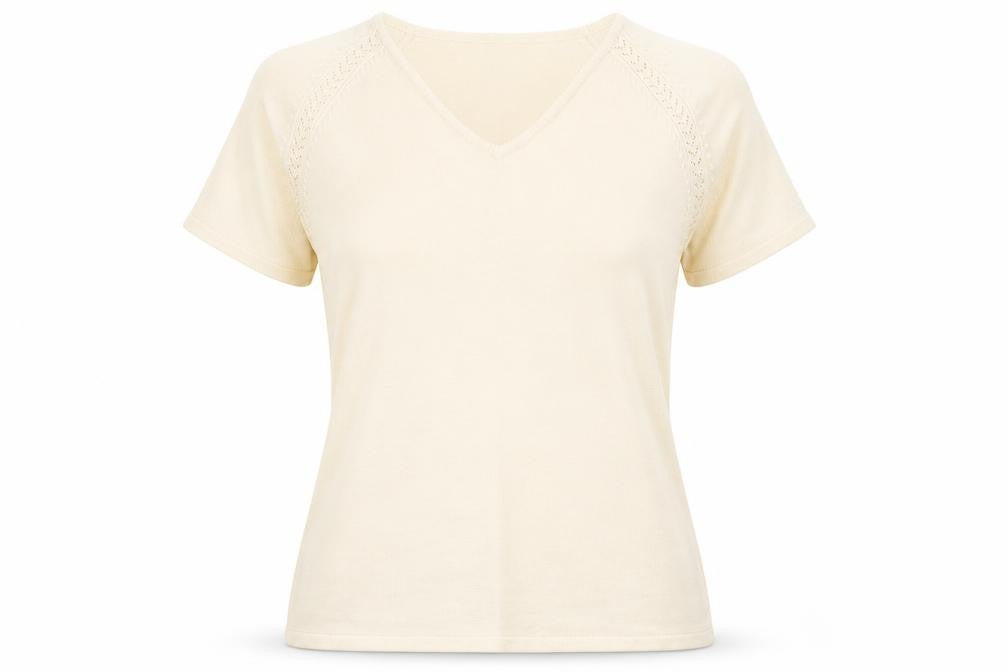 Front view of Berkertex women’s yellow knit basic t-shirt, size UK 14