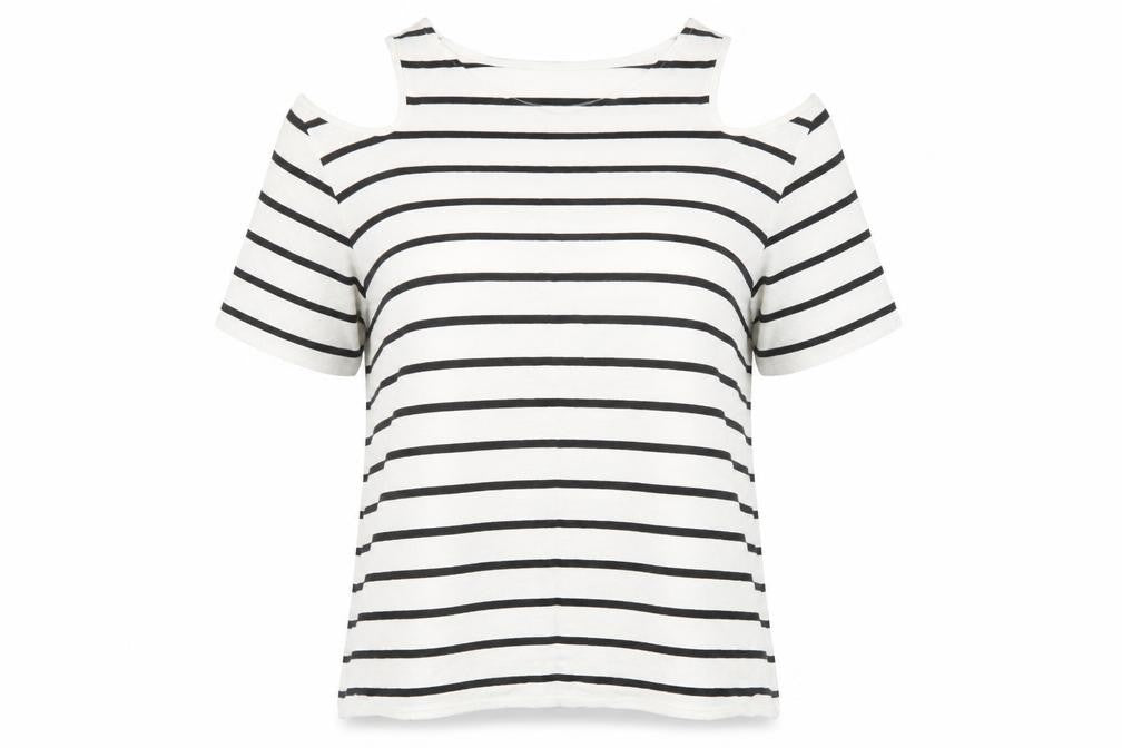 Front view of Topshop women’s white striped basic t-shirt, size UK 10