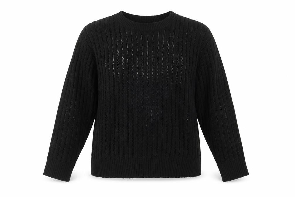 Front view of Primark women’s black knit pullover sweatshirt, size UK 14