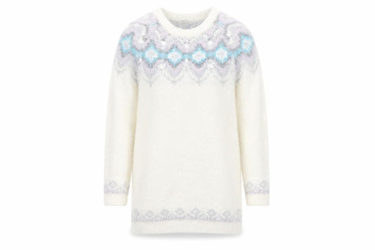 Front view of F&F women’s white geometric pullover sweatshirt, size UK 6