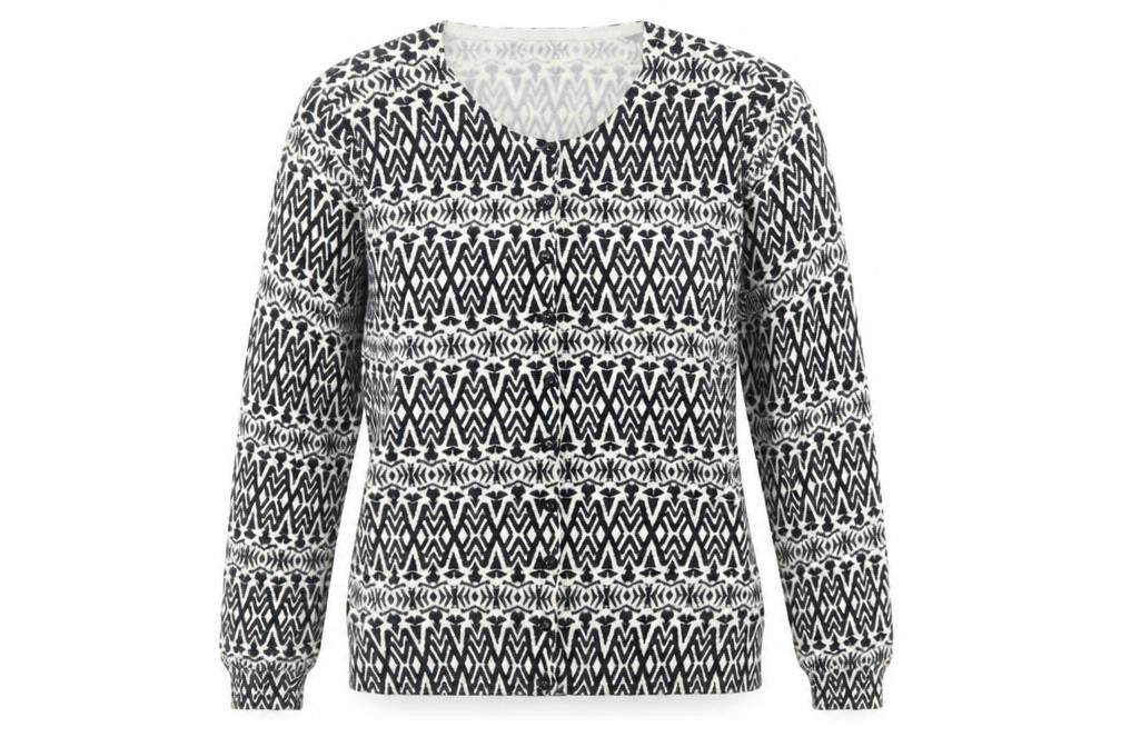 Front view of Marks & Spencer women’s black geometric cardigan jumper, size UK 8