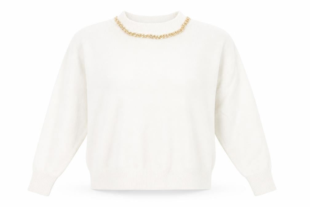 Front view of H&M women’s white knit pullover sweatshirt, size M, - over sized