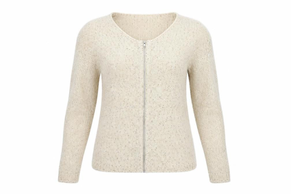 Front view of Coaster women’s beige full zip jumper, size S