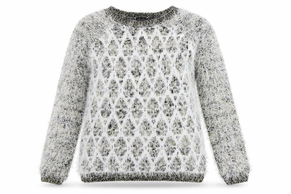 Front view of River Island women’s white geometric jumper, size UK 12