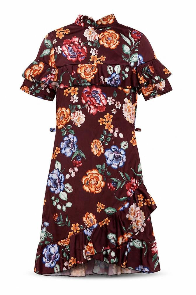 Front view of misguided women’s purple floral a-line, size UK 8