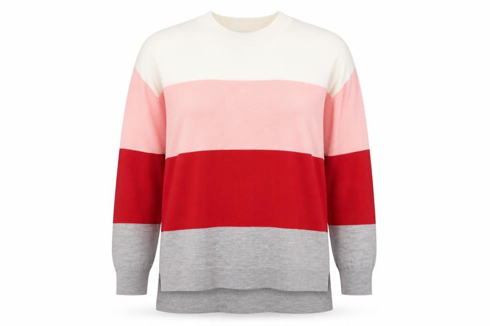 Front view of Dorothy Perkins women’s beige striped jumper, size UK 14