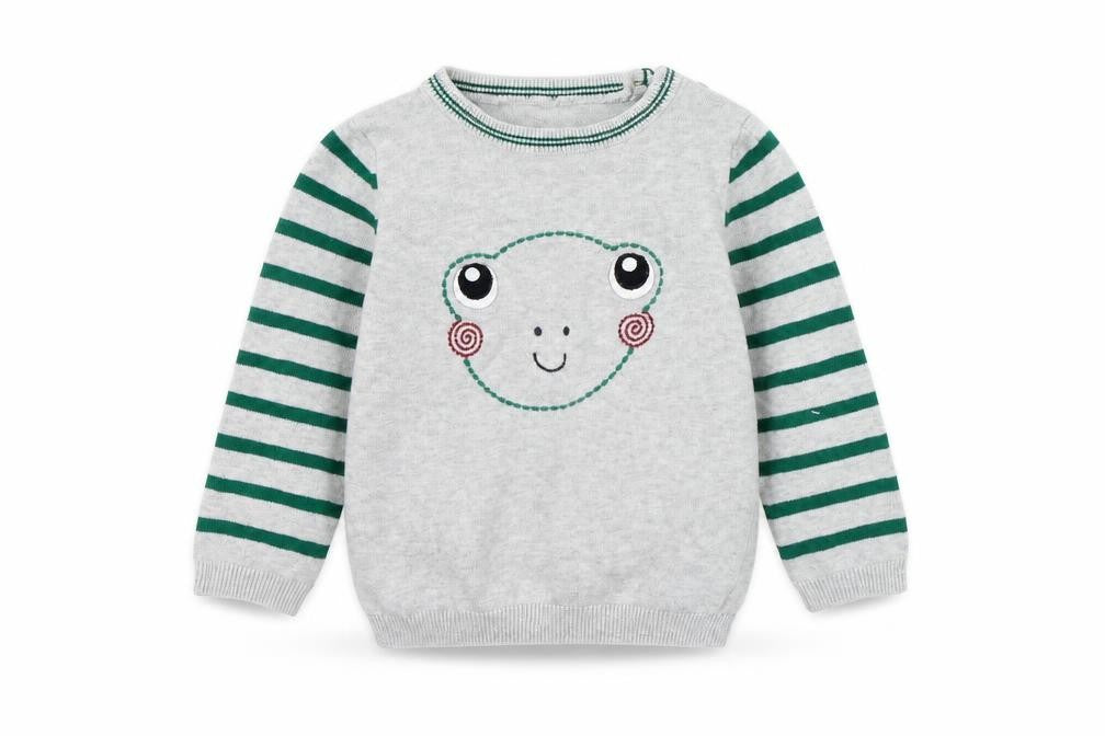 Front view of Tu girls’ grey striped jumper, size 12-18, months - frog