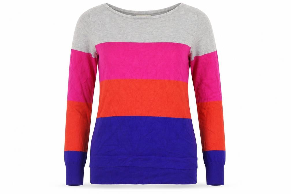Front view of Nutmeg women’s multicoloured striped jumper, size UK 10