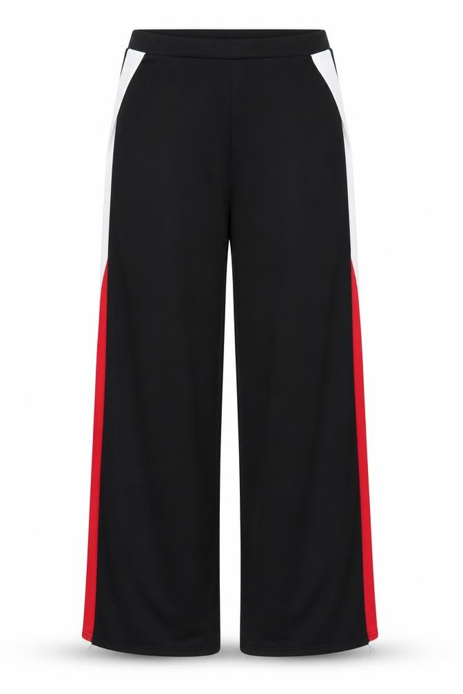 Front view of PRETTYLITTLETHING women’s black sweatpants, size UK 12, 28-inch leg - split down sides