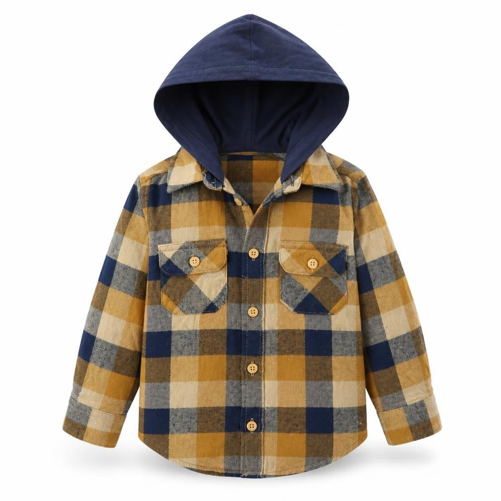 Front view of Matalan boys’ beige check basic button-up, size 2, years