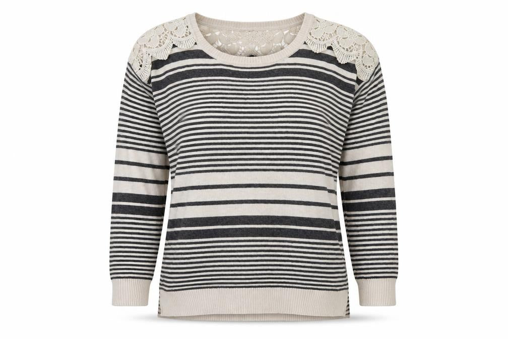 Front view of Hippie Rose women’s beige striped jumper, size M