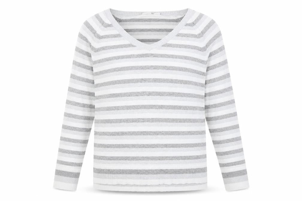 Front view of Gap women’s grey striped jumper, size M