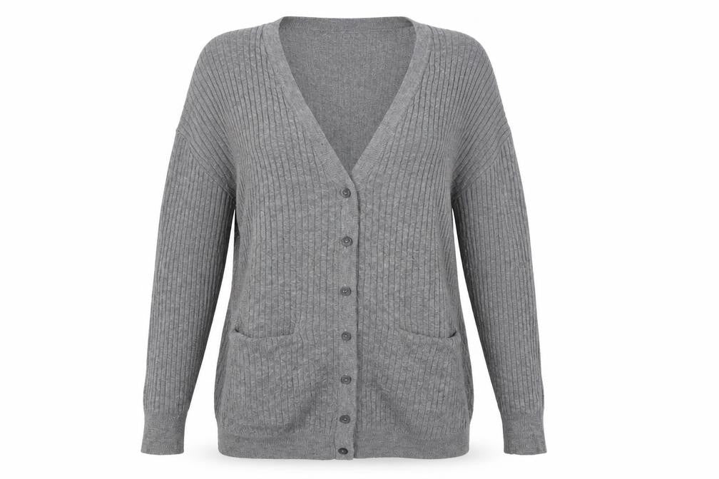 Front view of Atmosphere women’s grey cardigan jumper, size UK 8