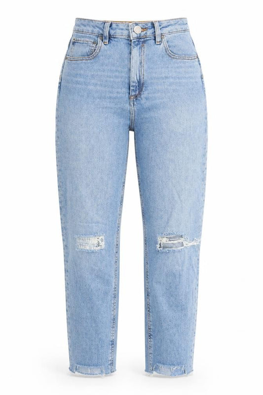Front view of ASOS women’s blue mom jeans, size UK 27, 30-inch leg