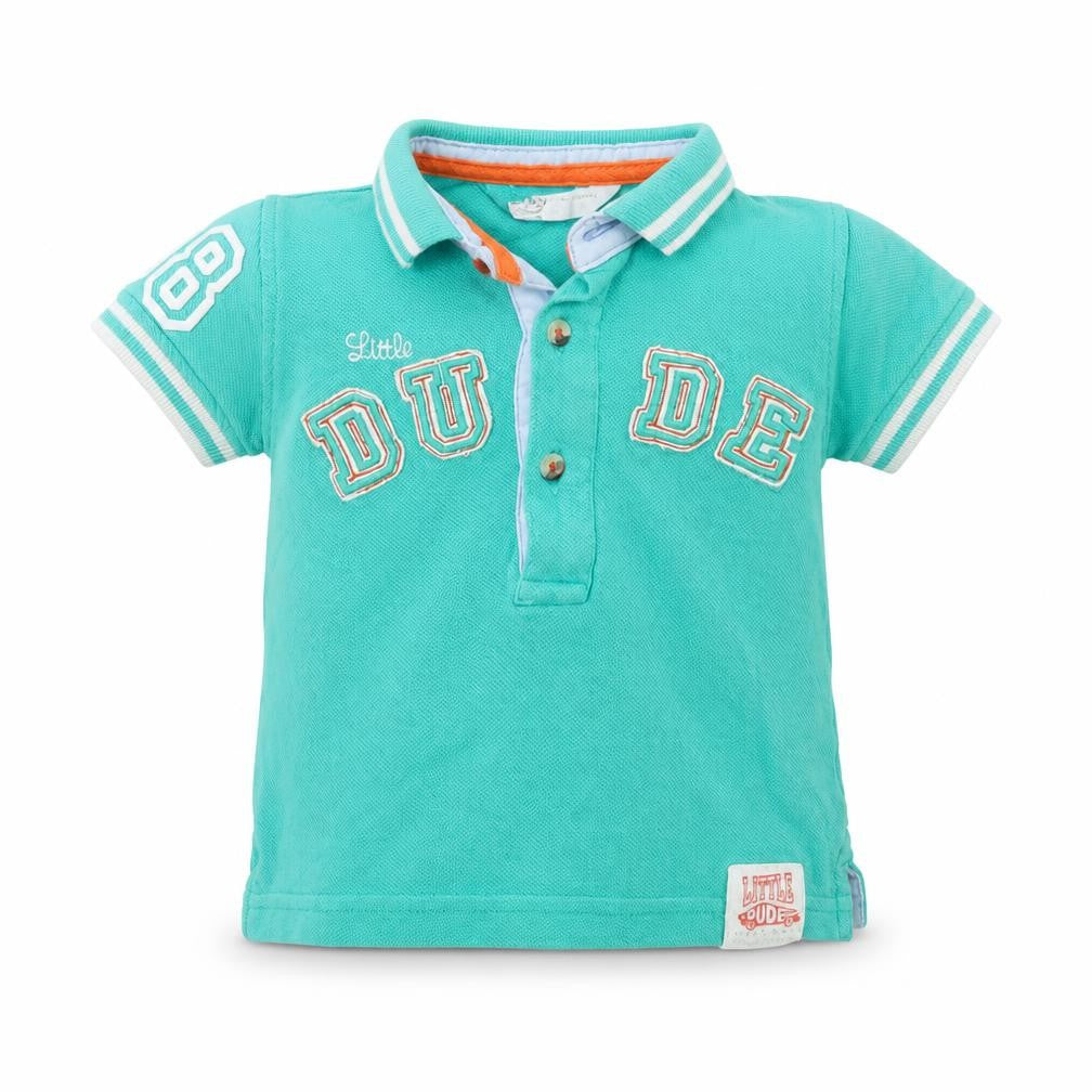 Front view of M&Co boys’ green basic polo, size 6-9, months