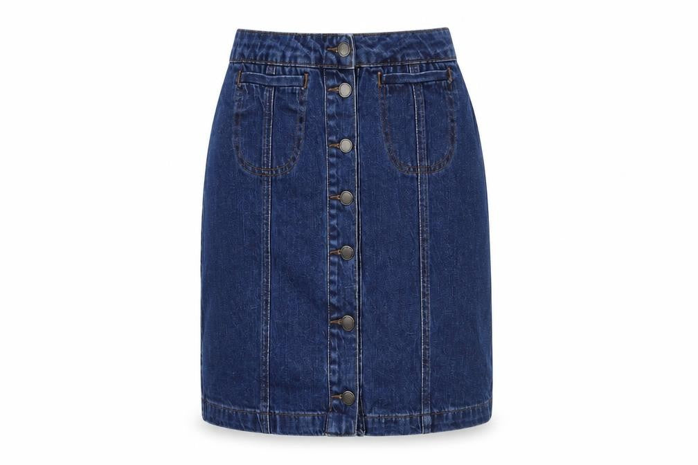 Front view of Topshop women’s blue denim maxi skirt, size UK 25, in