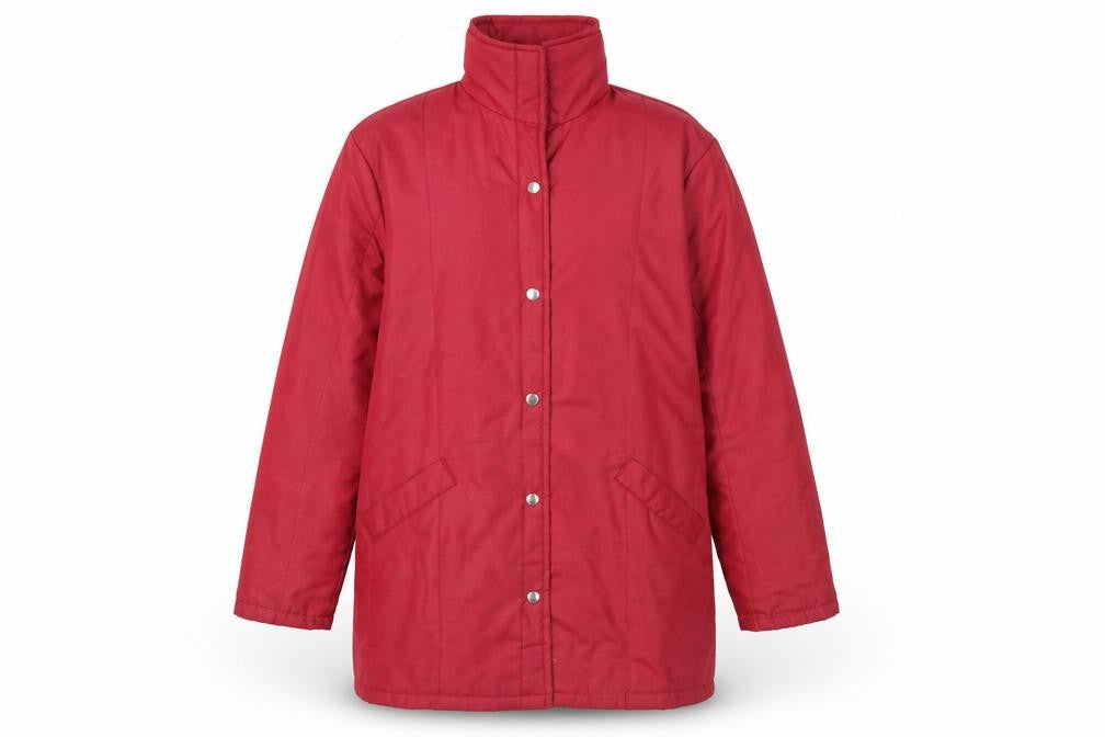 Front view of Preworn women’s red overcoat coat, size UK 14