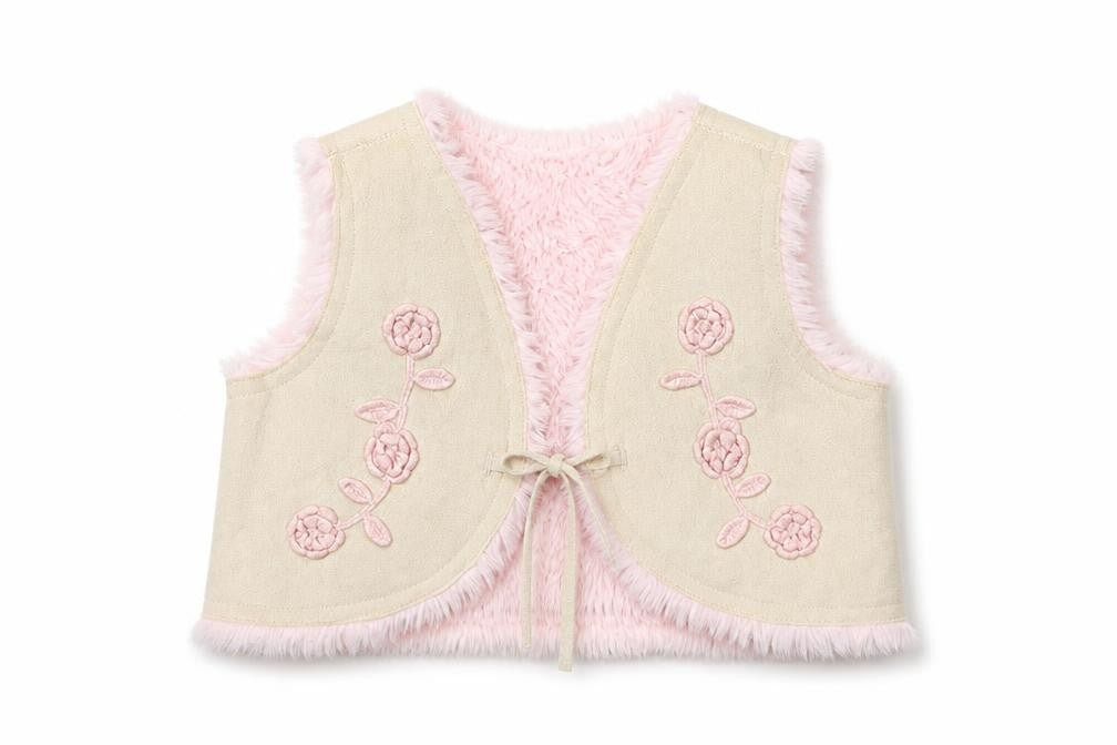Front view of Mini Mode girls’ beige jacket, size 9-12, months