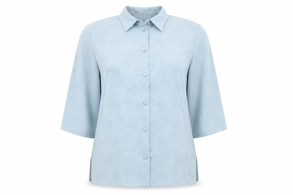 Front view of Bonmarché women’s blue basic button-up, size UK 12