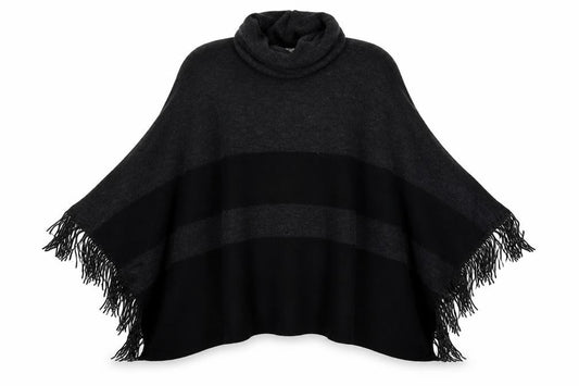 Front view of F&F women’s green striped poncho, size S, - cowl neck poncho